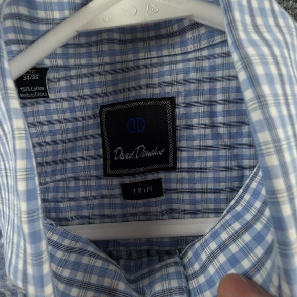 David Donahue Long Sleeve 17 34/35 Blue Check Trim Button Up Shirt Men Cotton - Picture 7 of 11